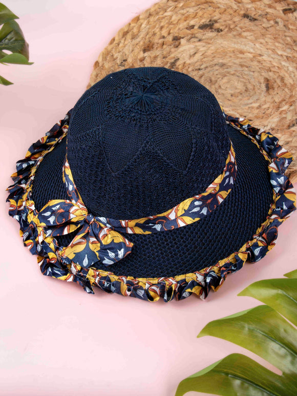 Arendelle Woven Fedora Dark Blue Floral Ribbon Sun Hat for Girls [AMS022]