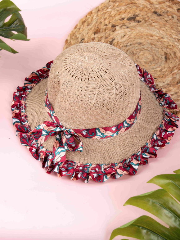 Arendelle Woven Fedora Red Floral Ribbon Sun Hat for Girls [AMS023]