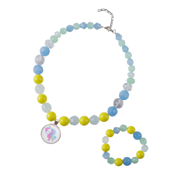 Blue Yellow Beads Necklace and Bracelet set with Unicorn Charm [ANC020]