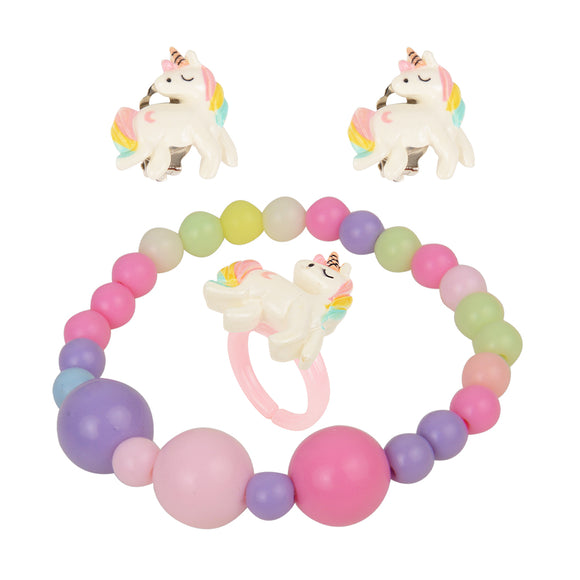 Pastel Pink Beads Unicorn Bracelet, Earrings and Ring Set [ANC025]
