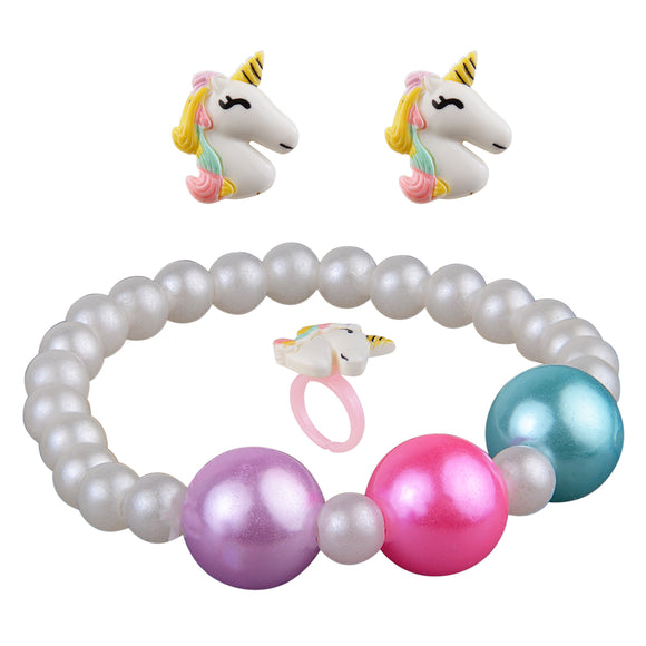 Metallic White Beads Unicorn Bracelet, Earrings and Ring Set [ANC026]
