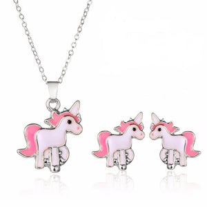 Silver and Pink Unicorn Charm Pendant and Earrings Set [APS005]