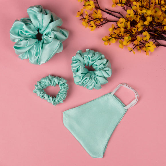 Pack of 3 Mint Satin Scrunchies in Skinny, Medium and Large Size with Matching Mask
