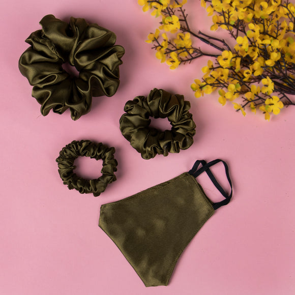 Pack of 3 Olive Satin Scrunchies in Skinny, Medium and Large Size with Matching Mask