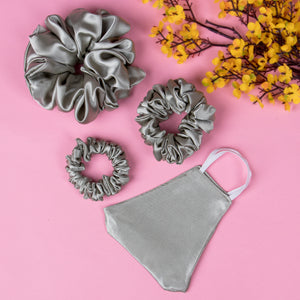 Pack of 3 Sage Satin Scrunchies in Skinny, Medium and Large Size with Matching Mask