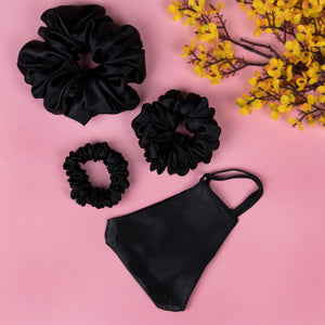 Pack of 3 Black Satin Scrunchies in Skinny, Medium and Large Size with Matching Mask