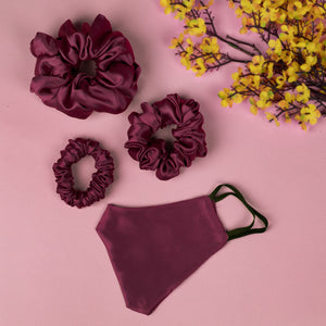Pack of 3 Plum Satin Scrunchies in Skinny, Medium and Large Size with Matching Mask
