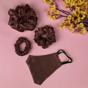 Pack of 3 Brown Satin Scrunchies in Skinny, Medium and Large Size with Matching Mask