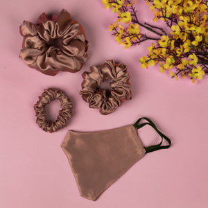 Pack of 3 Bronze Satin Scrunchies in Skinny, Medium and Large Size with Matching Mask