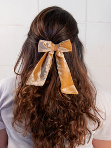 Small Velvet Hair Bow in Beige